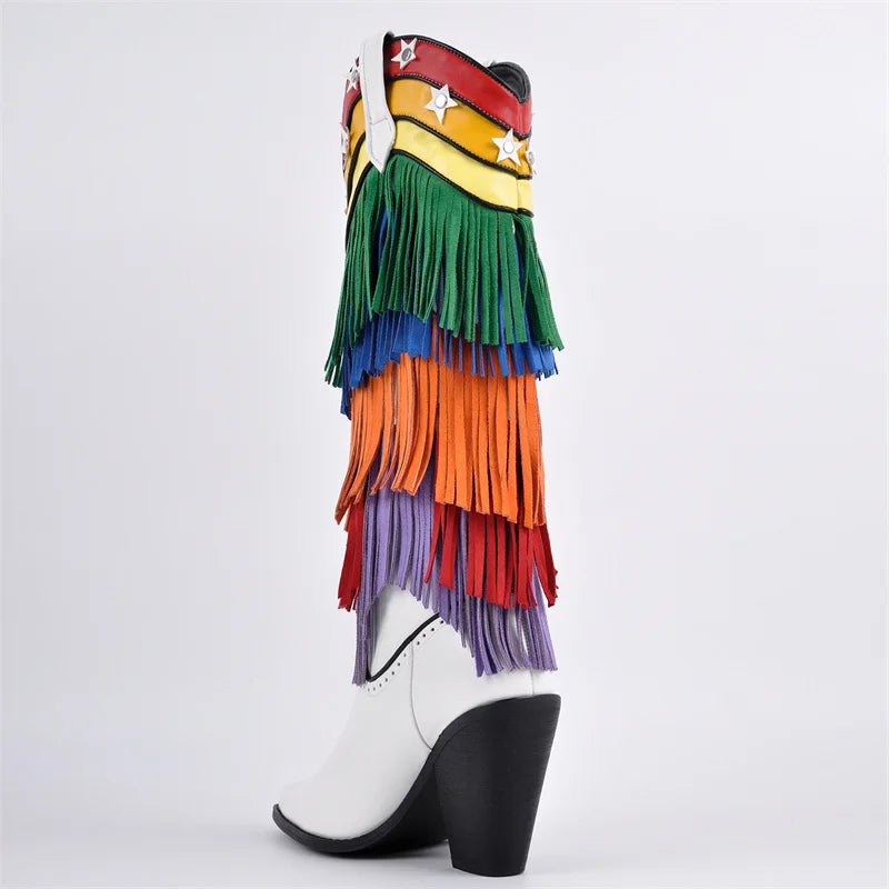 Onlymaker Women Pointed Toe Fringe Rainbow Pull-On Cowboy Boots Knee High Cowgirl Boots