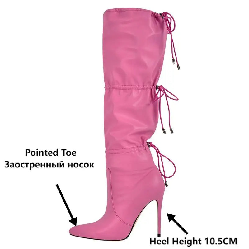 Onlymaker Women Pink Faux Leather Drawstring Knee High Boots 10.5cm Thin Heels Big Size  Boots