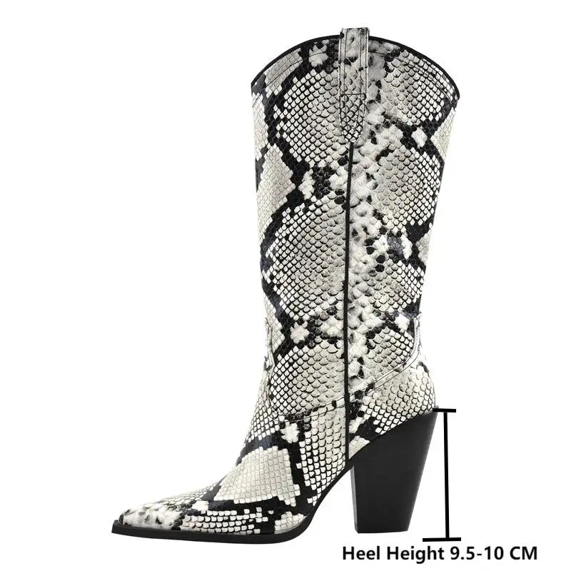 Women Pointed Toe  Zipper Winter  Mid-Calf Boots Fashion Mature Big Size Thick Heels snake Skin Print  Cowboy Boots