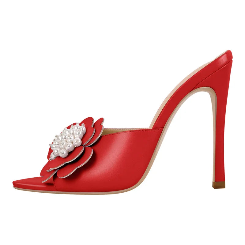Women Peep Toe Mules Flower Pearl Pointed Toe Big Size Stiletto Mules