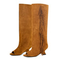 Onlymaker Women Peep Toe Flock Fringe Shaped Heel Knee High Boots  Fashion  Kitten Heel   Female Boots