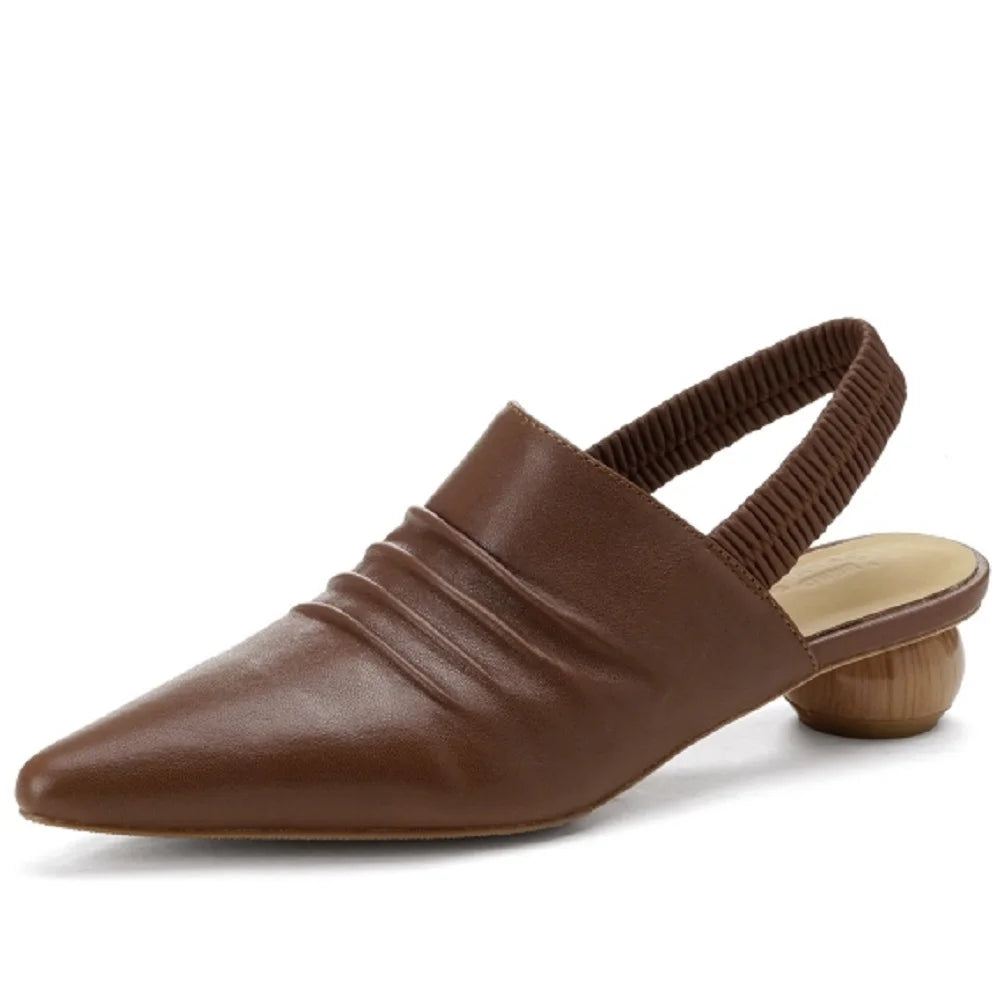 New Women Handmade Genuine Leather Wedges Shoes Female Slippers Pointed Toe Ladies Heeled Slides Slippers Sandals
