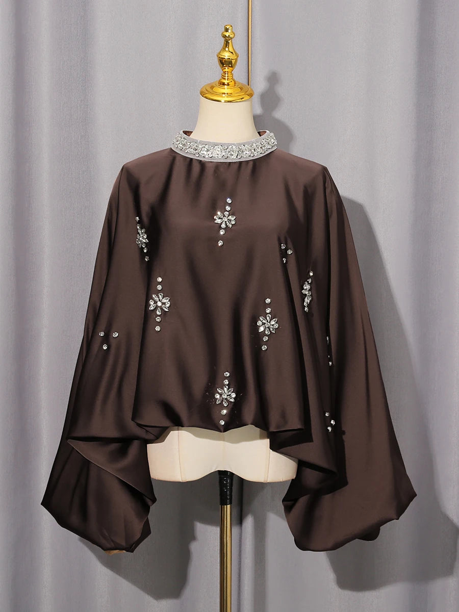 Elegant Retro Loose Blouses for Women Stand Collar Batwing Sleeve Patchwork Diamonds Chic Blouse Female Autumn Clothing New