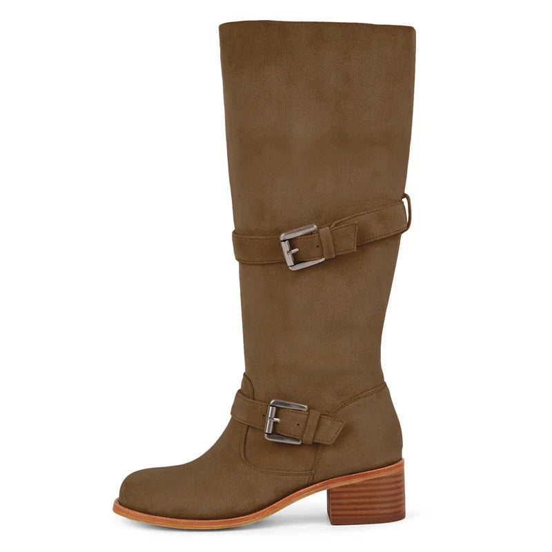 Onlymaker Women Round Toe Knee High Boots Low Heel  Fashion Pull on Wide Calf  Boots
