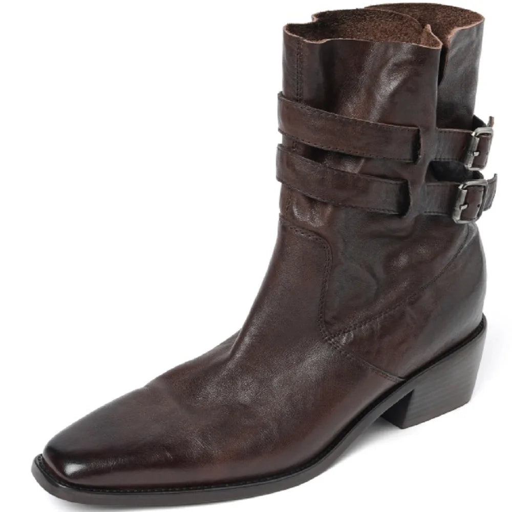 New Women Handmade Genuine Leather Soft and comfortable Ankle Boots Sexy Square Toe Mid Heels Casual 34-40