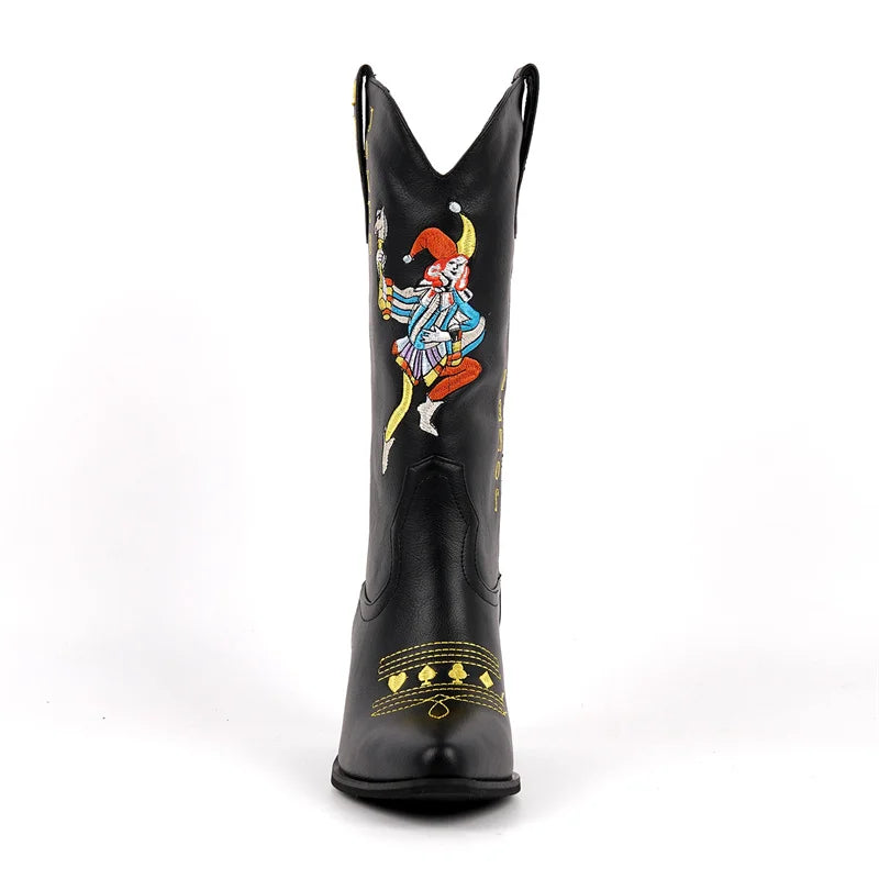 Women Matte Black Pointed Toe Joker Embroidery Mid-Calf Western Boots  Big Size Block Heel Cowboy Boots