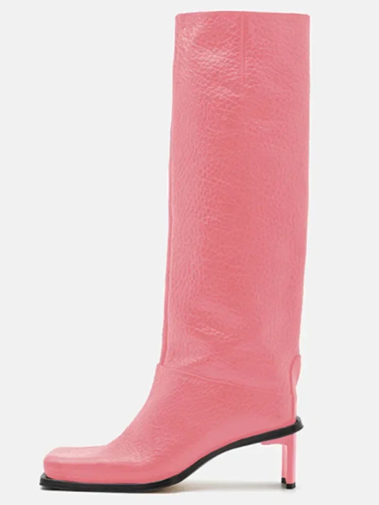 2026 New Fashionable Square Head High Heels Women's Knee Length Boots with Side Zipper Stone Pattern Women's Mid Length Boots