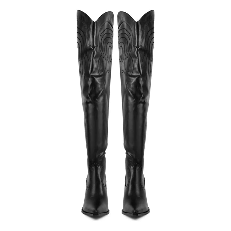 Onlymaker Women Pointed Toe Black Matte Over The Knee Boots Chunky Heel Lace- UP Winter Boots