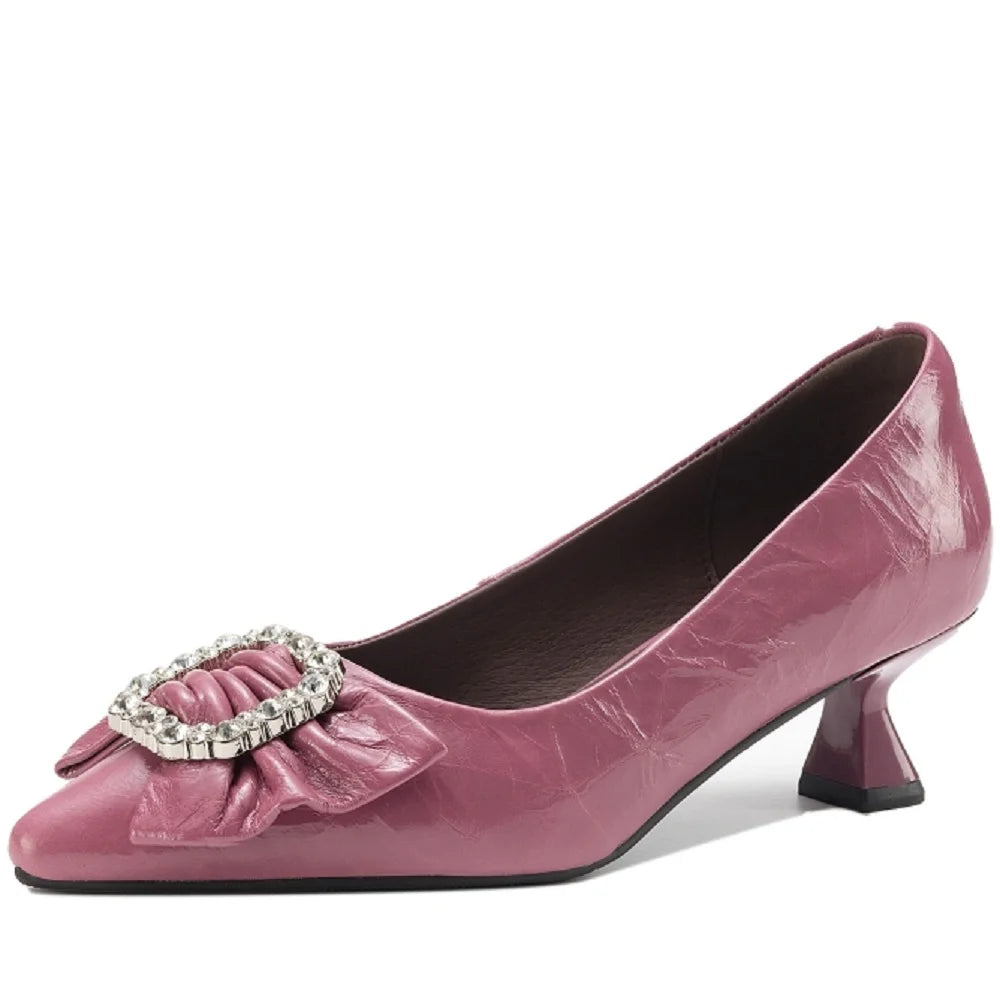 NEW Spring/Autumn Women Handmade Genuine Leather Women Pointed Toe Mid Heel Sweet Bow-knot Shallow Shoes 33-40