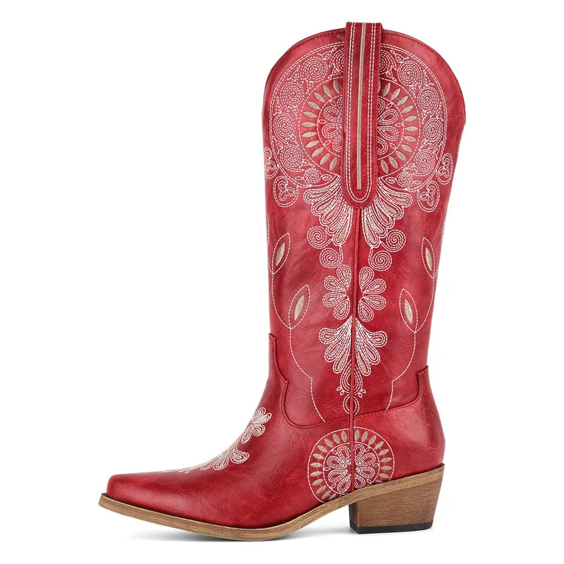 Onlymaker Women Pointed Toe Pull On Western Cowgirl Boots Fringed Chunky Heel Embroidery Cowboy Boots