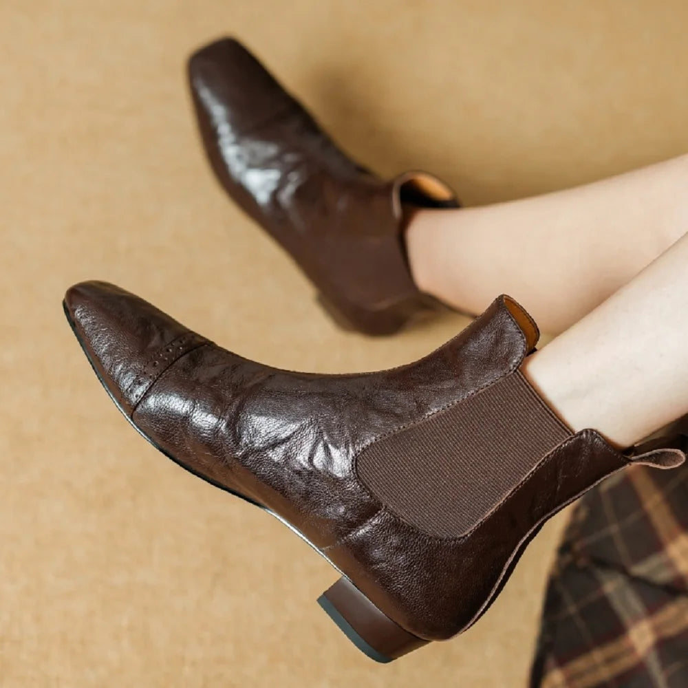 Handmade genuine leather elastic slip-on flats autumn ankle boots square toe casual female quality Chelsea 34-40