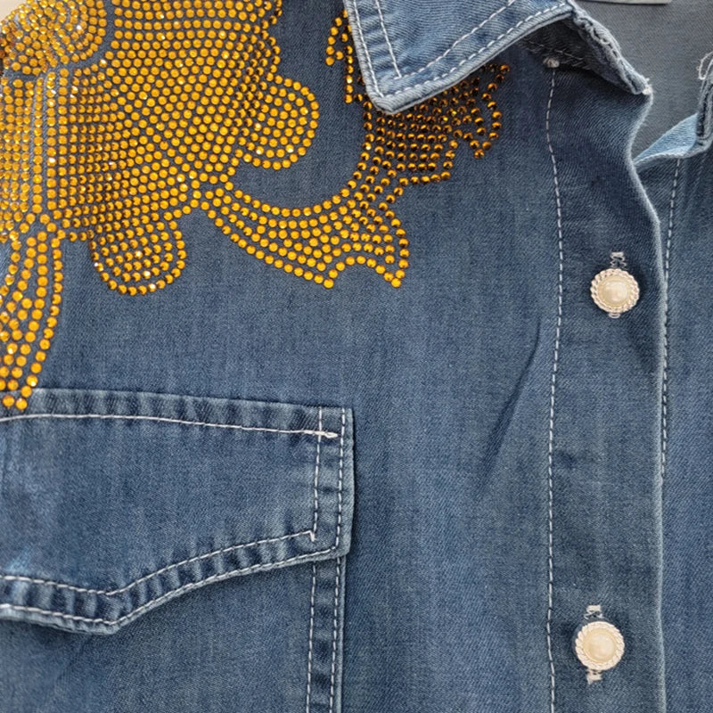 2026 Autumn New Fashion Design Denim Two-Piece Set For Women Heavy Rhinestone Shirt Elastic Waist Wide-leg Pants 11A05592