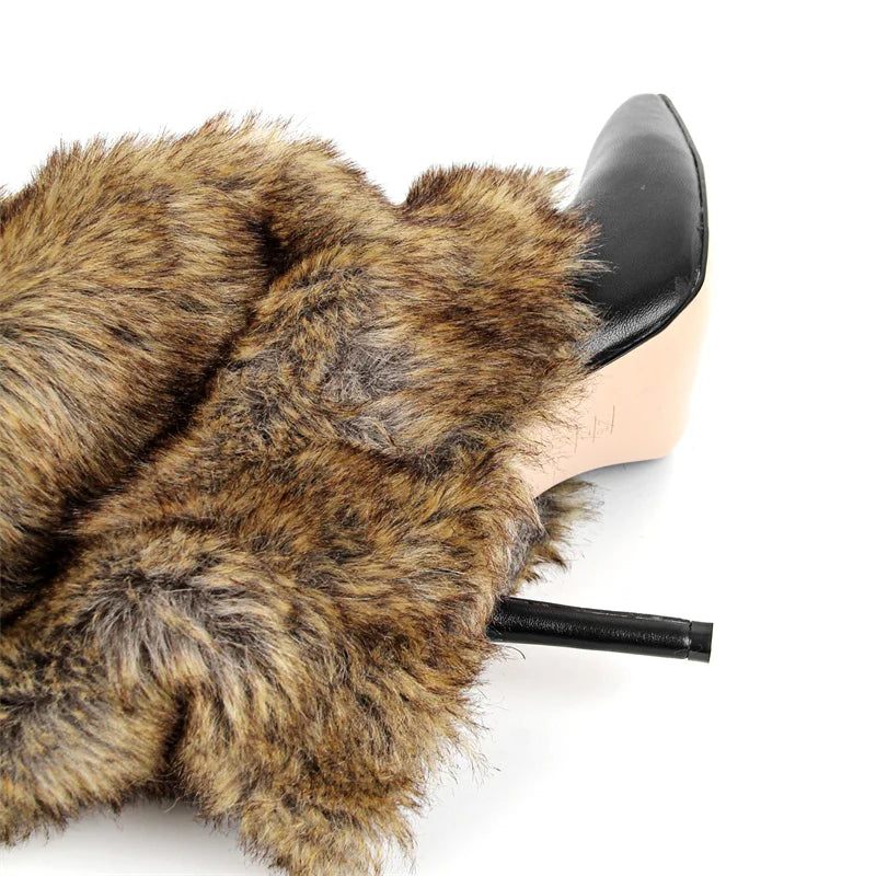 Onlymaker Women Pointed Toe Faux Fur Boot Furry Fluffy Big Size  Fashion 10CM Thin Heel  Fold Over Furry Winter Boots