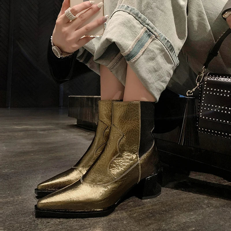 Brand Genuine Leather Pointed Toe High Heel Chelsea Boots Women's Winter British Style Coarse Heels Slip-On 33-40