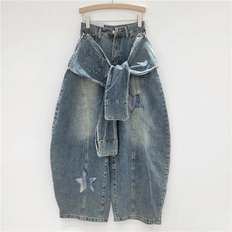 2026 Autumn Fashion High Street Star Patch Design Jeans For Women Trendy Loose Wide-Leg Denim Pants Female Trendy 11A06047