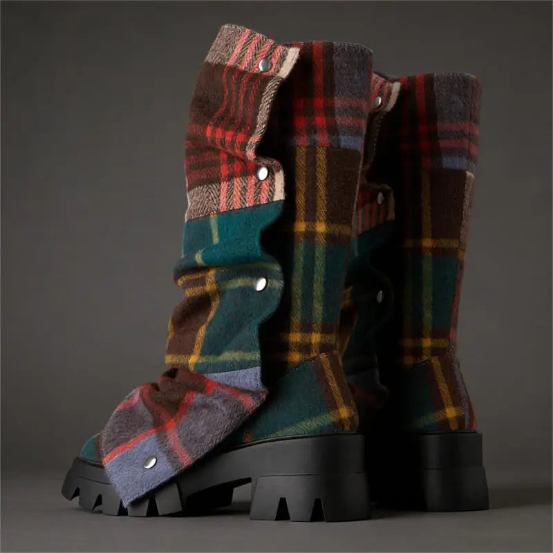 Onlymaker Women Platform Fold Over Boots Block Heel Round Toe Western Pull on Fashion Mid-Calf Female Boots