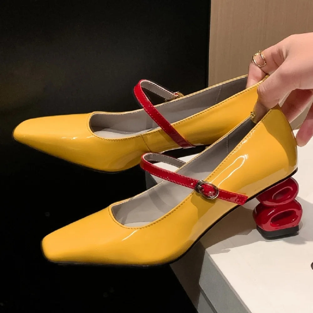 Mixed Color Design Brand Handmade Genuine Leather Mary Jane Women Elegant Dress Comfort Square Toe Buckle 33-40