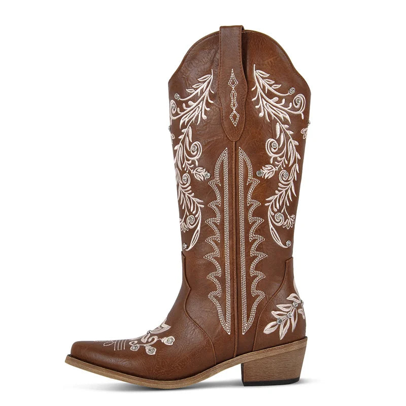 Onlymaker Women Pointed Toe Pull On Western Cowgirl Boots Fringed Chunky Heel Embroidery Cowboy Boots