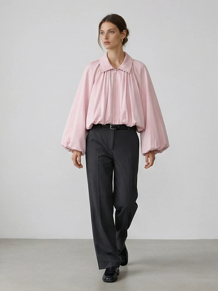 Women Fashion Pink Front Zipper Pleated Loose Bomber Jackets Vintage Lapel Neck Long Sleeves Female Chic Lady Outfits