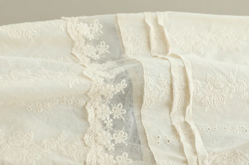 Rococo Victorian Vintage Cotton Lace Embroidery Patchwork Shirt 2025 Summer Ruffled Collar Organza Cottage Core Retro Chic Tops