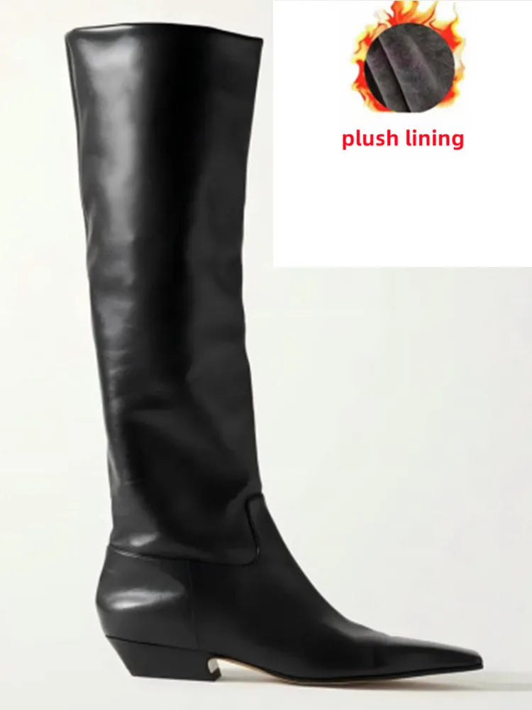 2026 Ladies' Low Heel Knee High Women's Boots Autumn and Winter Square Toe Leather Fashionable 34-46 Large Mid Length Boots