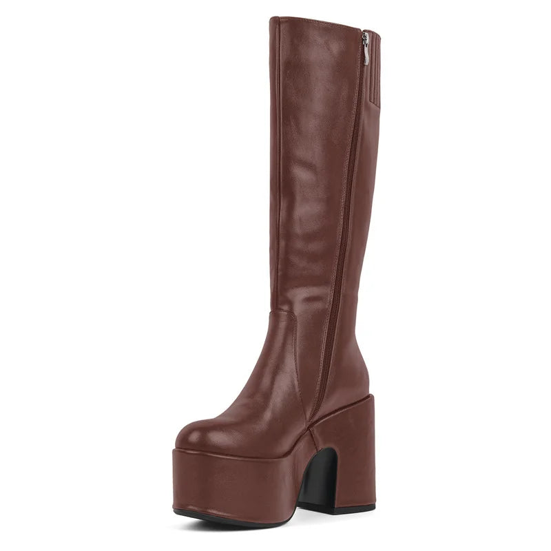Onlymaker Women Black Round Toe Platform Knee High Boots Side Zipper Fashion Chunky Heel Mid-Calf Boot Punk Boots