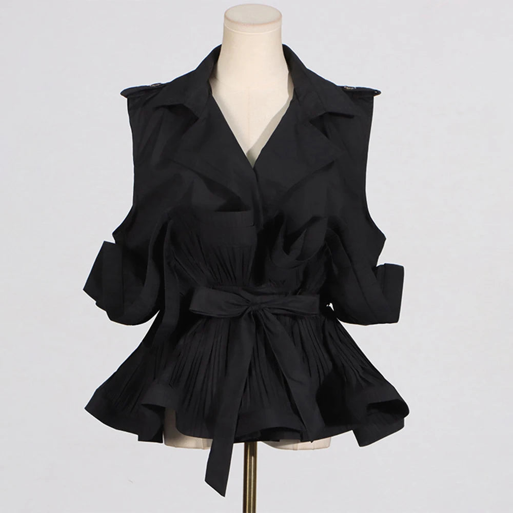 Solid Patchwork Folds Elegant Blouse For Women Lapel Sleeveless Tunic Temperament Spliced Belt Shirt Female Fashion Style