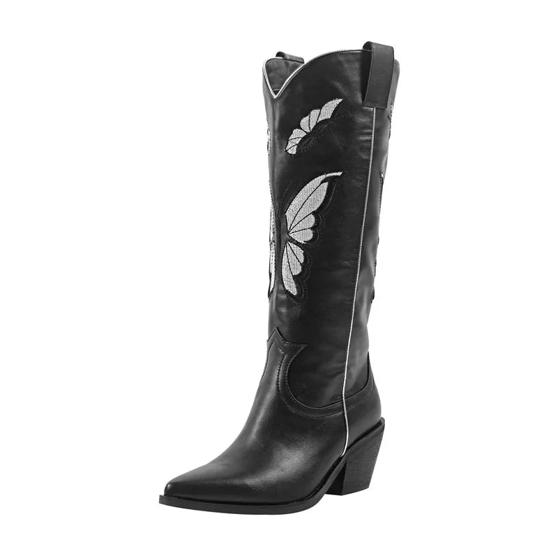Women Black Western Boots  Butterfly Embroidery Mid-Calf Big Size Western Boots