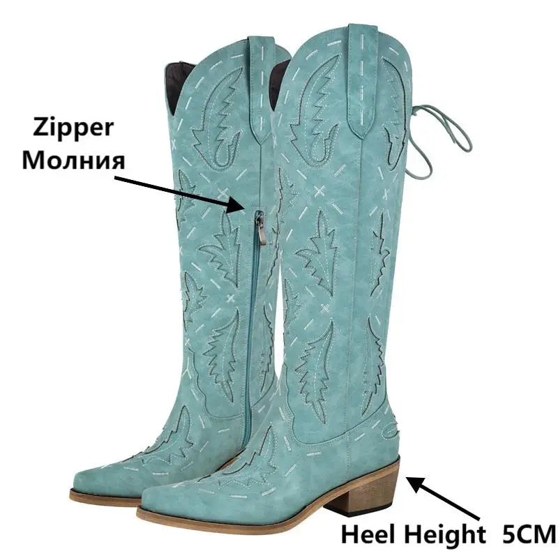 Onlymaker Women Cowgirl Boots Embroidery Lace-up Knee High Wide Calf Western Cowboy Boots