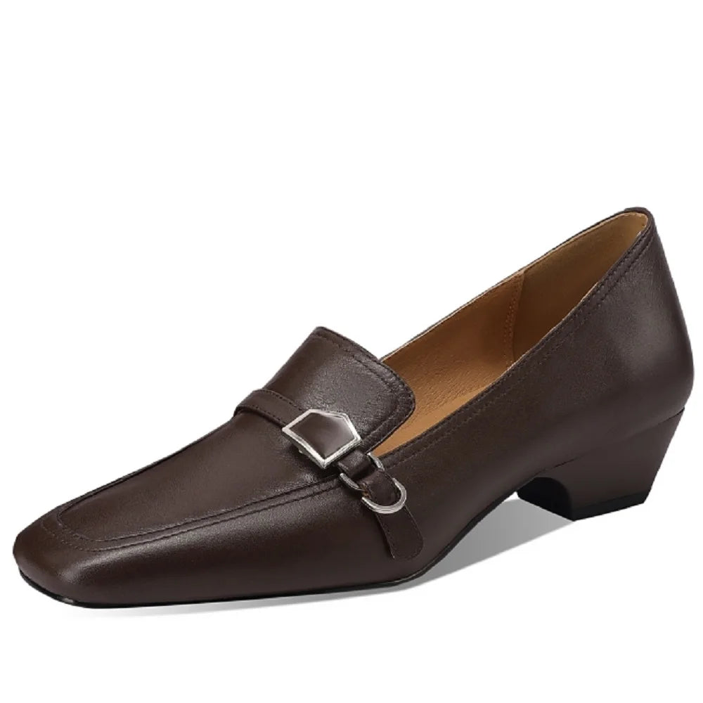 Women's Handmade Retro Versatile SquareToe Soft Genuine Leather Comfortable Chunky Heel Temperament Shoes 33-43