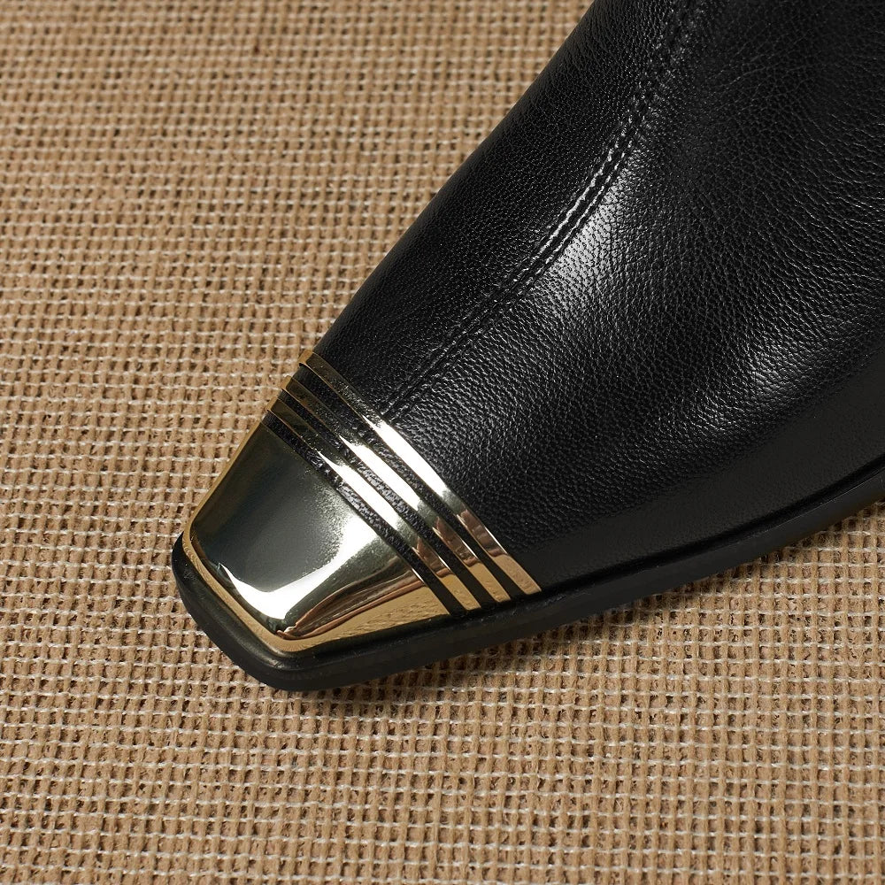 Women's Handmade New Metal Headed Genuine Leather Cowhide High Heels Square Headed Retro Shoes 34-40