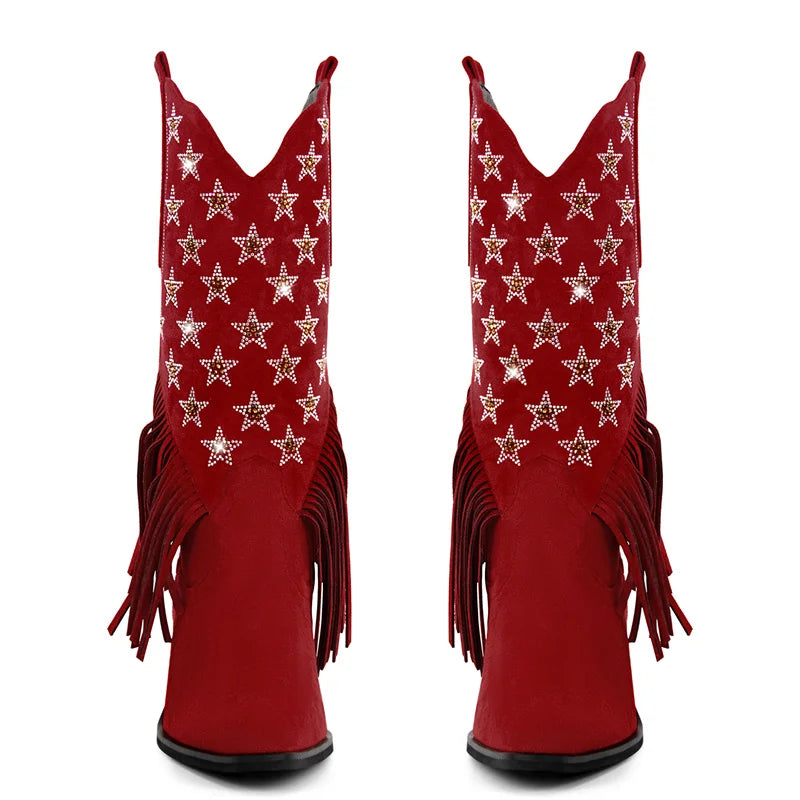 Onlymaker Women Pointed Toe Pull-on Knee High Fringe Cowgirl Boots Comfy Big Size Pull On Rhinestone Mid Calf Western Boots