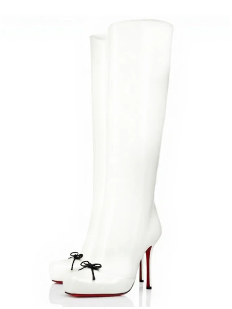 2026 Women's Autumn and Winter Fashionable Black High-heeled Knee High Boots with Square Toe and Side Zipper, Women's Midsole Boots