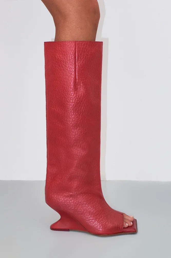 2026Women's Spring and Autumn New Style Square Toed High Heels Knee Length Boots, Medium Length Toothed Cool Boots, Oversized Boots