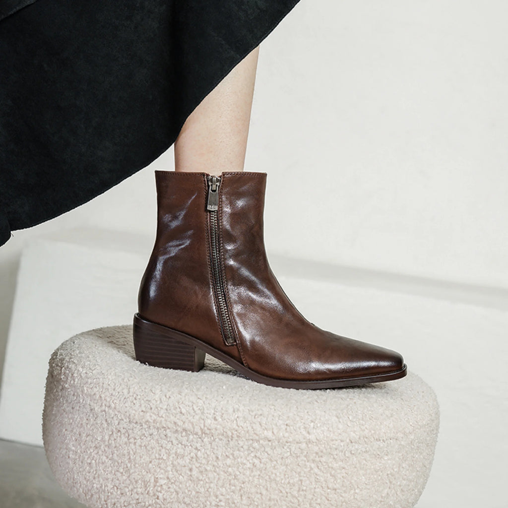 Size 34-40 New Handmade Genuine Leather Soft and comfortable Ankle Boots Zipper Chunky Mid Heels Square Toe Boot