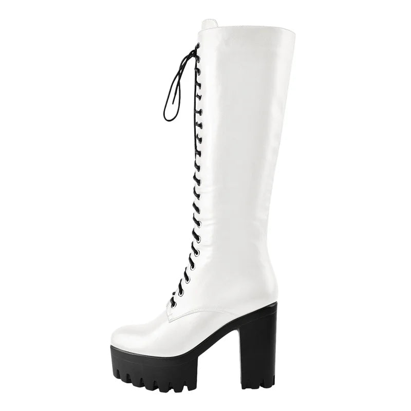 Onlymaker Women  Platform Black Matte Front Lace-Up Side Zip Knee High Boots Big Size Lady Fashion Classic Long Boots