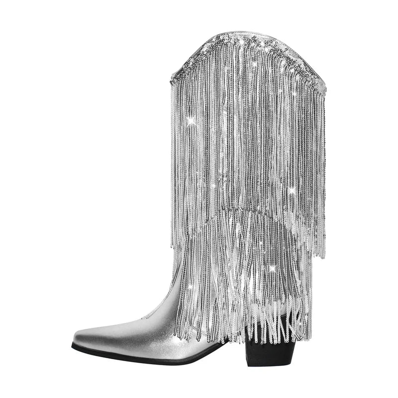 Female Black Rhinestone Mid-Calf Fringe Cowboy Boots Bling Party Women Boots