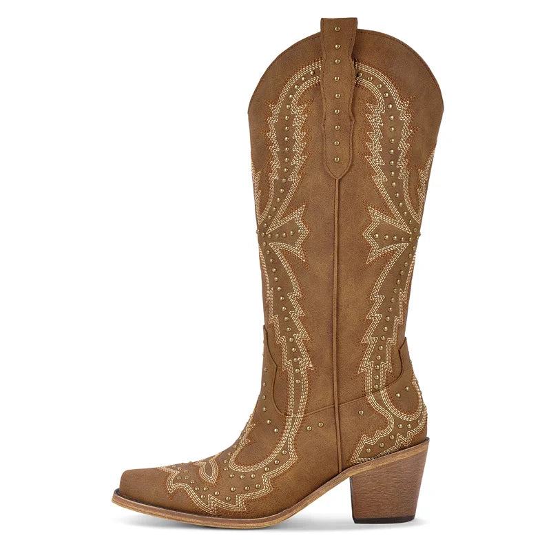 Onlymaker Women Pointed Toe Mid Calf  Pull-on Knee High Cowgirl Boots Comfy  Chunky Heel Western Boots