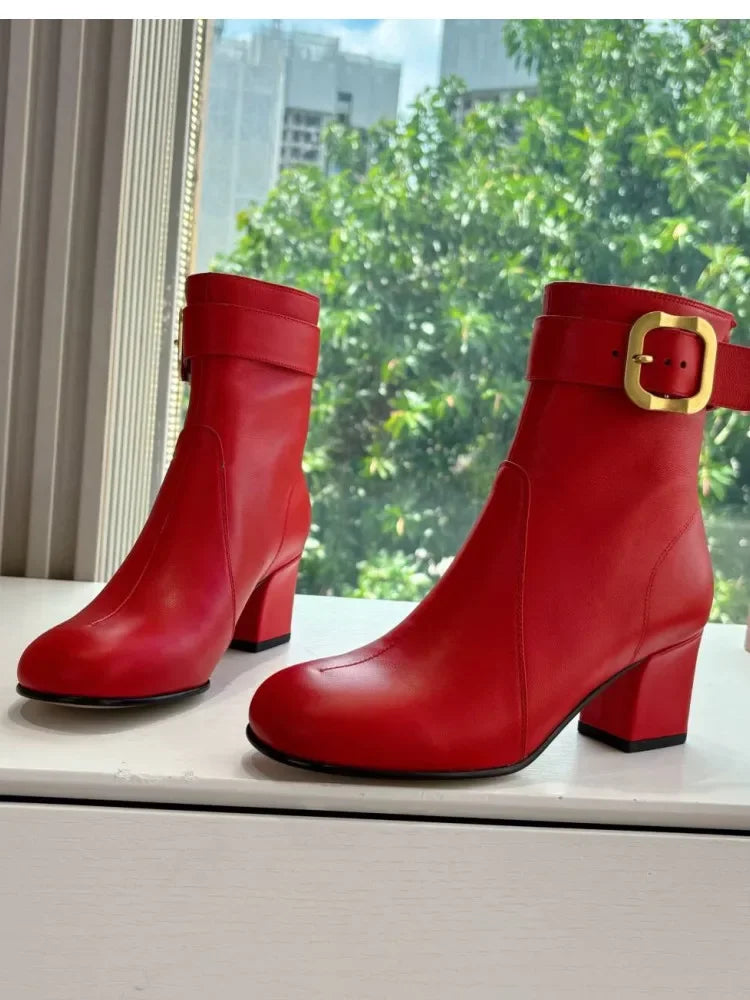 Women's New Thick High Heels Knee High Boots Autumn and Winter Round Toe Buckle Fashionable Mid Heel Boots Women's Short Boots