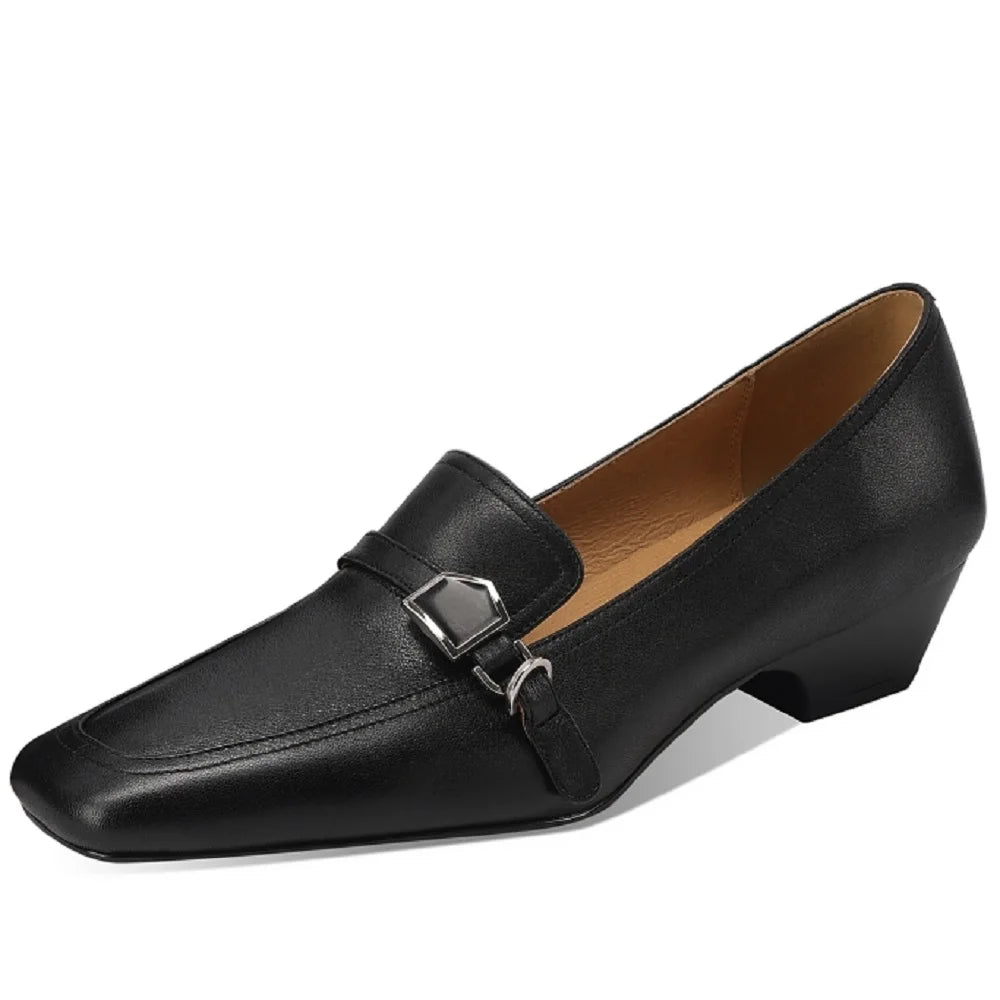 Women's Handmade Retro Versatile SquareToe Soft Genuine Leather Comfortable Chunky Heel Temperament Shoes 33-43