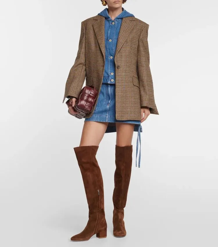 2025 Autumn and Winter New Women's Knee Over Boots Round Head Thick High Heels Side Zipper 34-46 Large Women's Boots