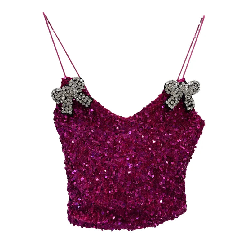 2026 Spring New Fashion Rhinestone Bow Pin Sequin Fabric Camisole For Women Versatile Backless Tank Tops Female 11A08722
