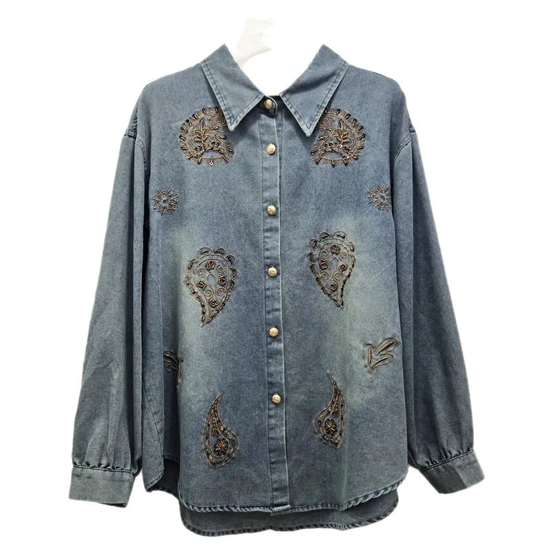 2026 Early Spring New Floral Embroidery Beaded Denim Shirt For Woomen Loose Turn-Down Collar Cardigan Female 11A08741