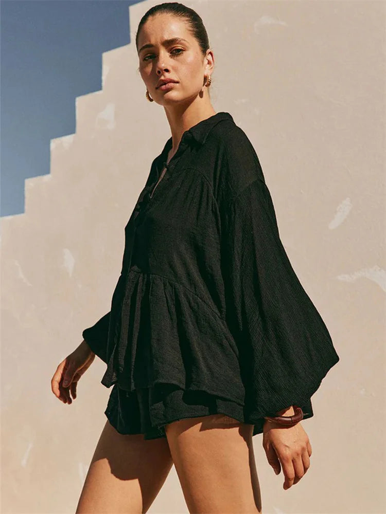 Casual Loose Female 2 Piece-Set Shorts Ruffled Lapel Shirts Top And High Waist Shorts Sets Summer Beach Holiday Outfits