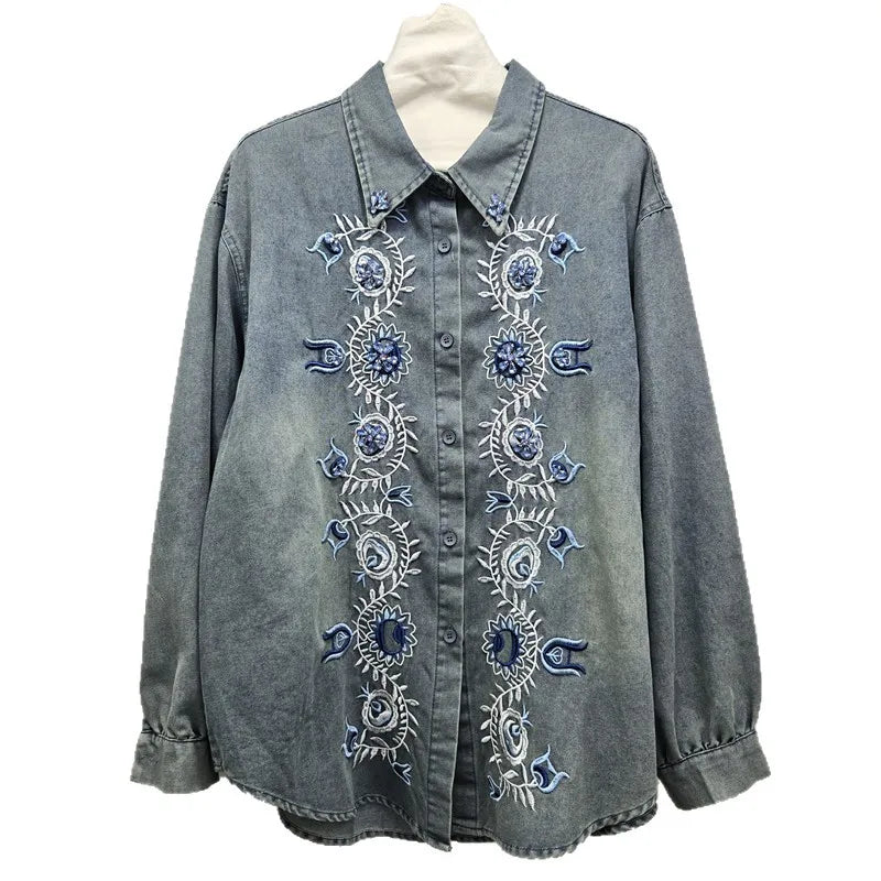 2026 Spring Fashion New Beading Embroidery Denim Shirt For Women Long Sleeve Loose Casual Blouse Female Trendy 11A08739