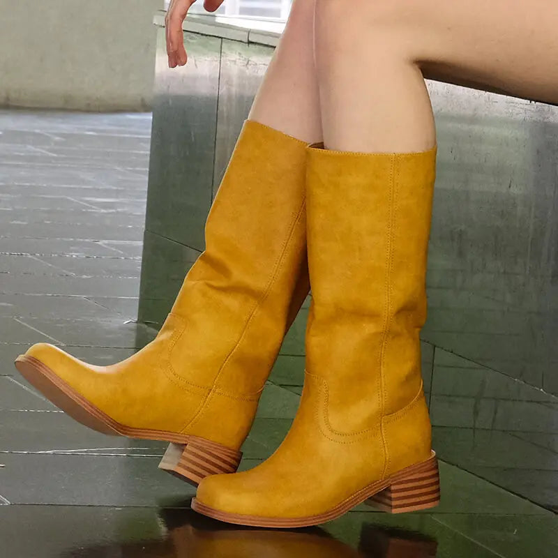 Onlymaker Women Round Toe Knee High Boots Low Heel  Fashion Pull on Wide Calf  Boots