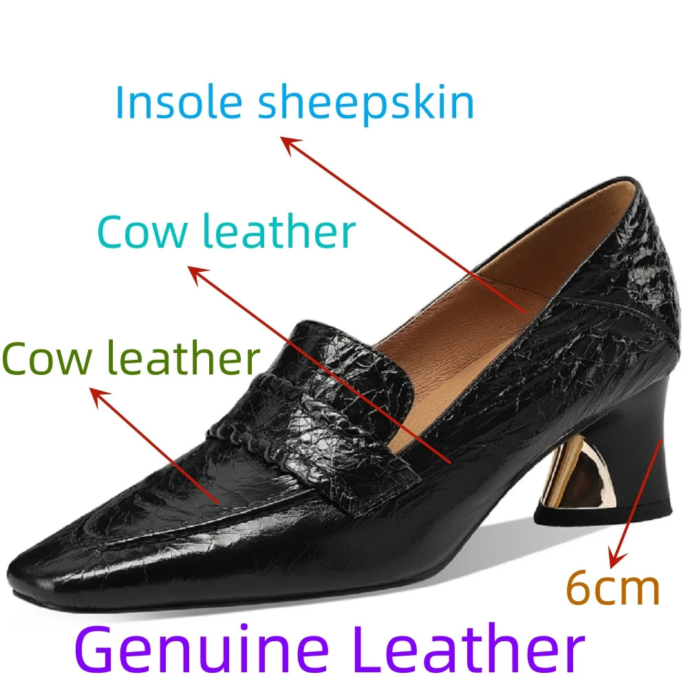 Women Pointed Toe Shoes British Style Handmade Genuine Leather Shallow Heel Slip On Versatile Office Shoes 33-43