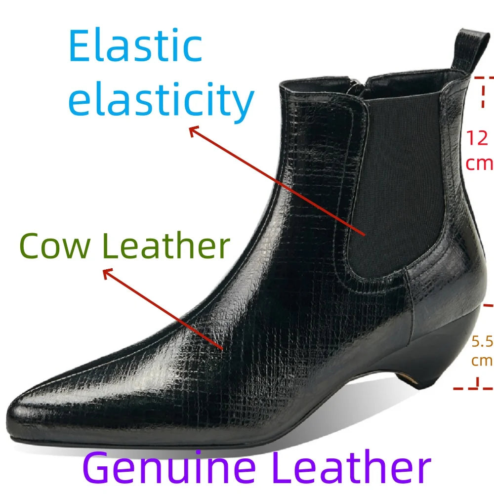Women Handmade Brand Genuine Leather Elastic elasticity Ankle Boots Mid Heels Pointed toe Boots 33-40