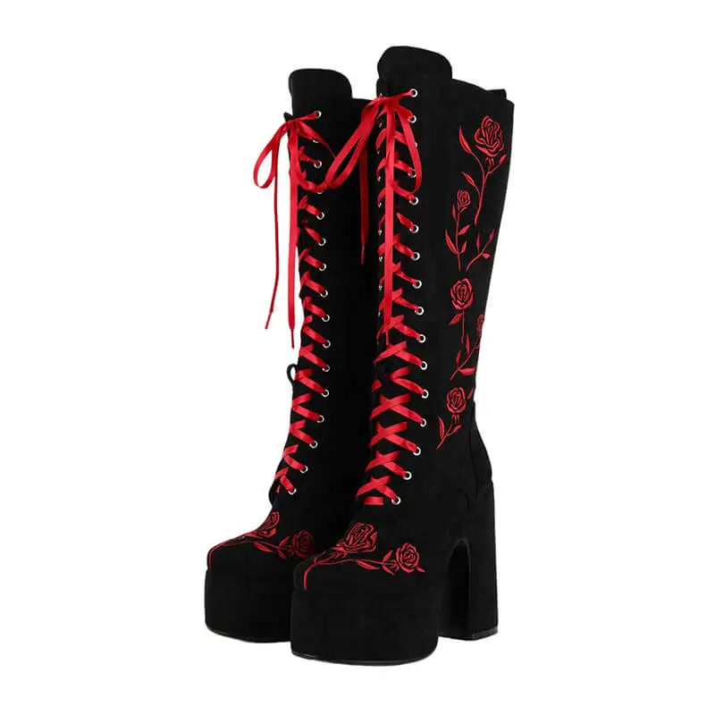 Onlymaker Round Toe Floral Embroidery Platform Boots Chunky Heel Side Zipper Lace-up Knee High Punk Boots