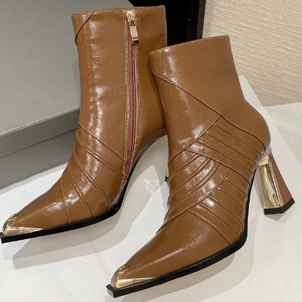 New Women Handmade Genuine Leather Ankle Boot Short Pointed Toe Thin High Heels Winter Modern Ladies Shoes 33-40